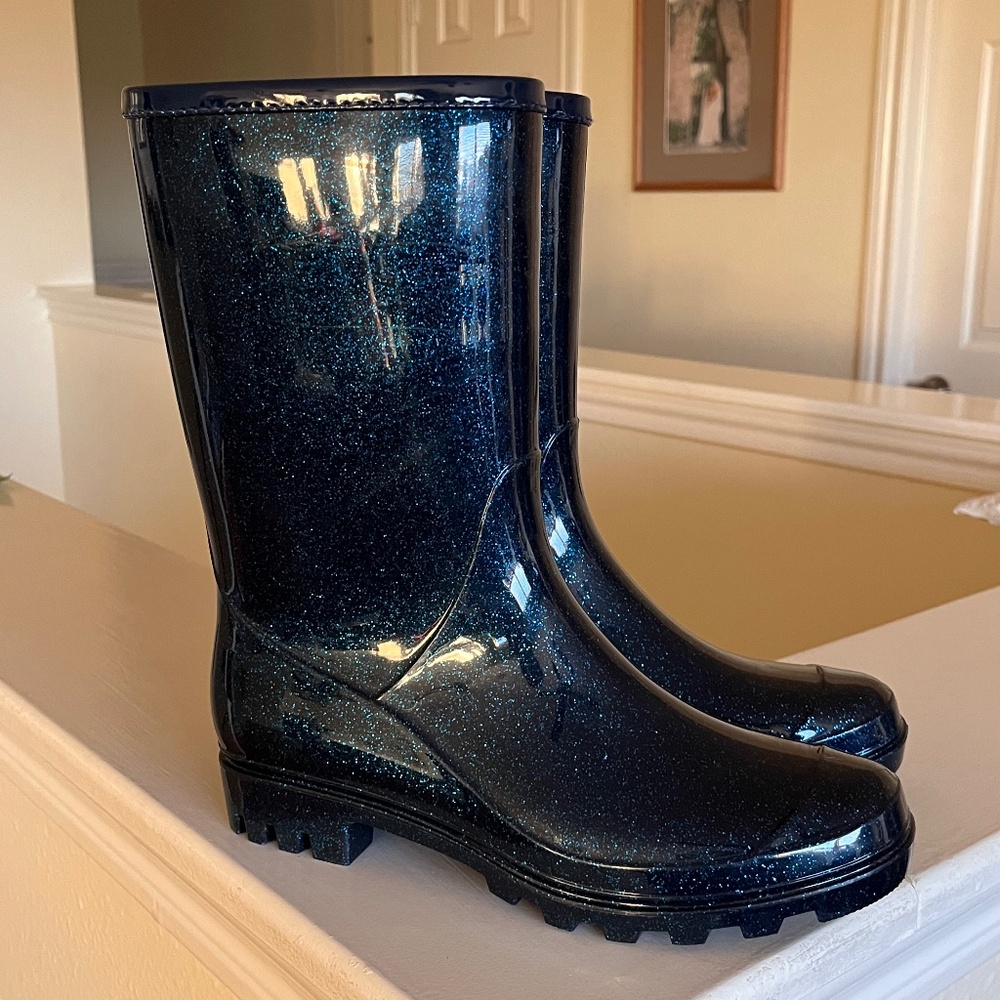 Blue Glitter Rain Boots